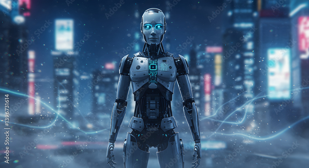 Naklejka premium Advanced Humanoid Robot in Futuristic City (Ai)