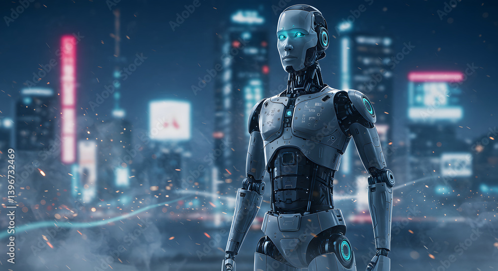 Naklejka premium Advanced Humanoid Robot in Futuristic City (Ai)