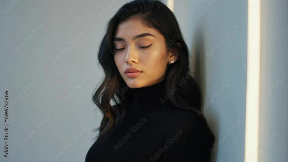 Elegant woman in a black turtleneck sweater leaning against the white wall looking at the camera in a studio setting. Elegant woman in a black turtleneck sweater leaning against the white wall looking at the camera in a studio setting.