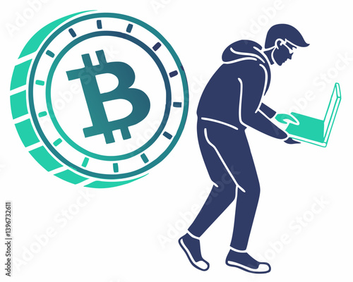 Bitcoin icon with a hacker using a laptop in a digital style  