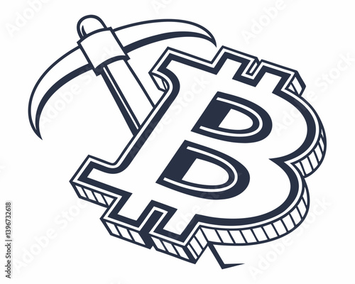 Bitcoin mining symbol with pickaxe illustration  