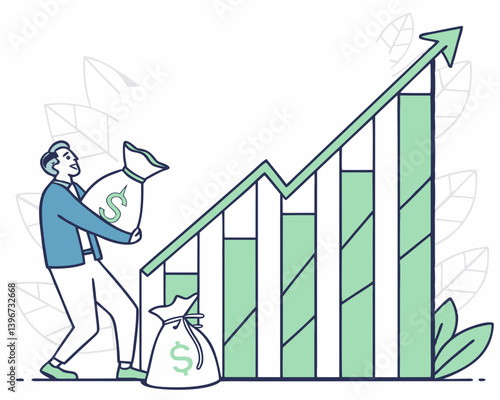 Businessman carrying money bags for financial growth chart  
