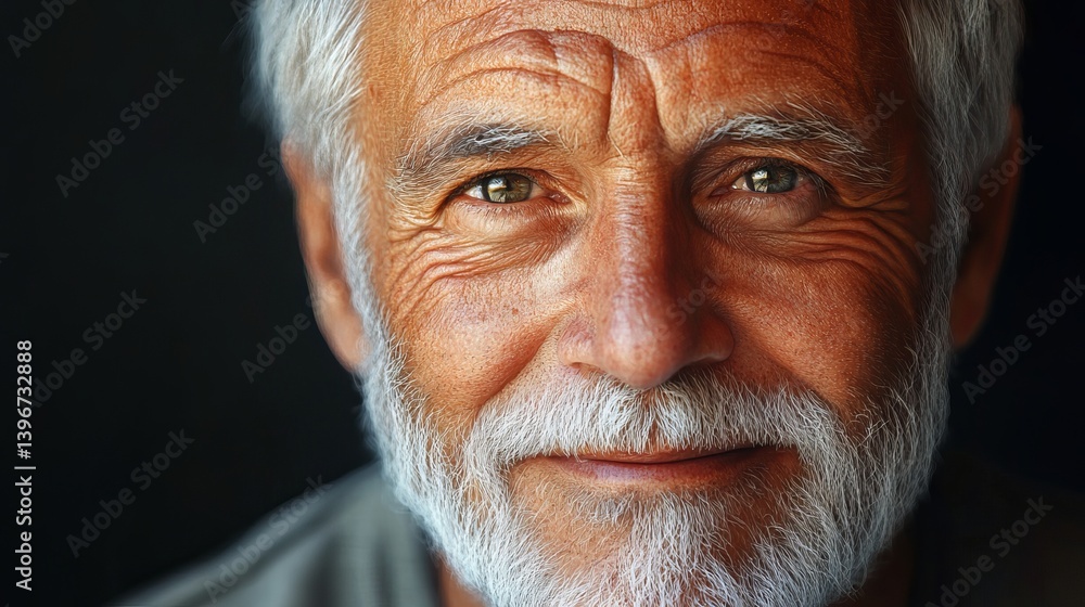 Portrait of smiling senior man with grey hair and beard close up of mature face with wrinkles detail Portrait of smiling senior man with grey hair and beard close up of mature face with wrinkles detail