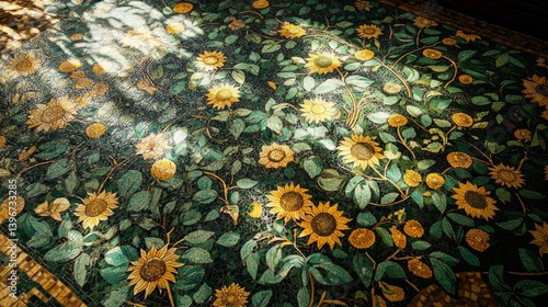 An Art Nouveau-inspired floor mosaic with an elaborate pattern of sunflowers and ivy, AI Generative.