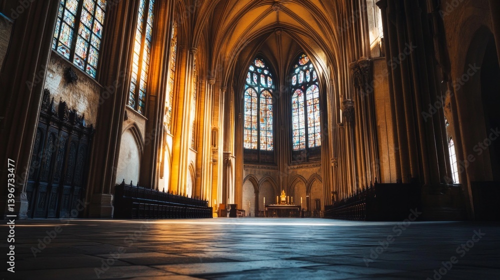 Fototapeta premium A Gothic cathedral interior, with high vaulted ceilings, stained glass windows reflecting moonlight, AI Generative.