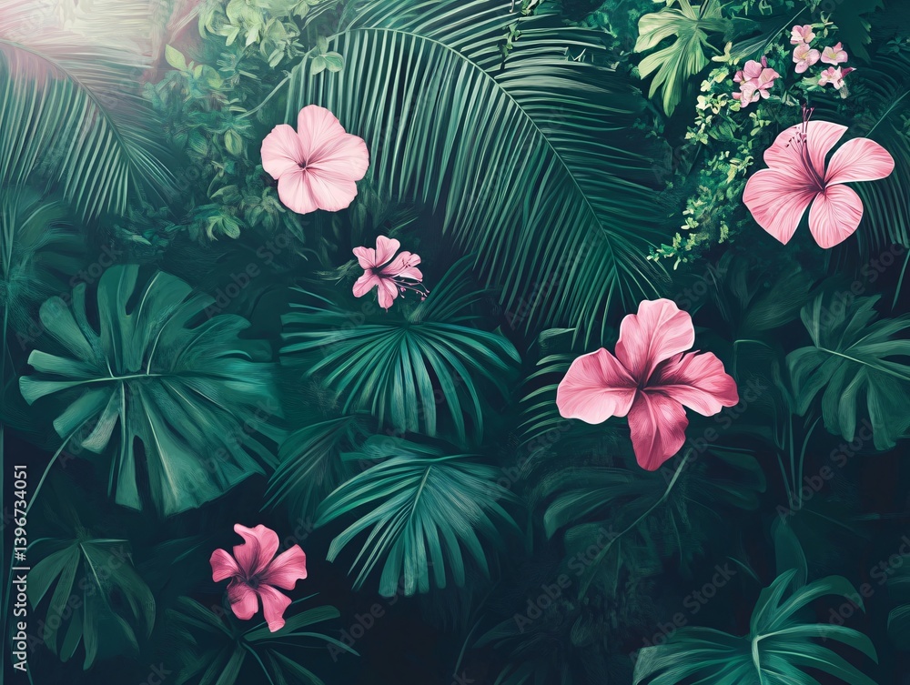 Fototapeta premium Lush Rainforest: Tropical Hibiscus Flowers Among Palm & Monstera Leaves, Painting Style, High Detail
