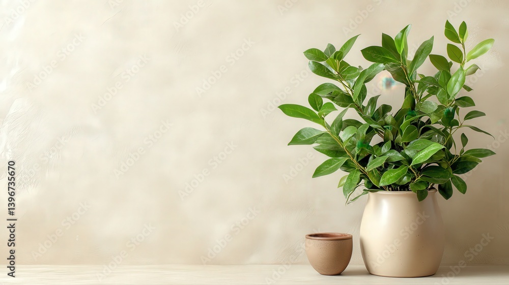 Green Plant in Beige Ceramic Vase on Light Beige Background