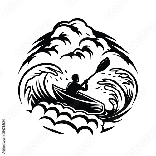 Canoe Silhouette on White Background Surrounded with Curvy Waves and Clouds Design