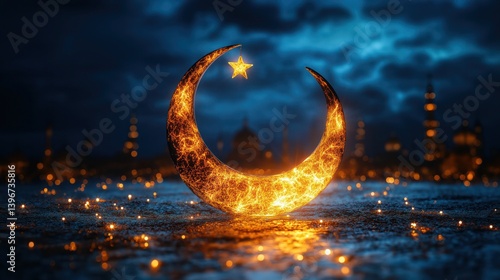 Glowing crescent moon and star made of fairy lights against a deep blue sky with intricate Islamic patterns