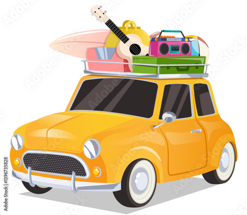 Retro Vacation Car with Luggage and Travel Gear on Roof. Summer Fun Roadtrip Concept Illustration