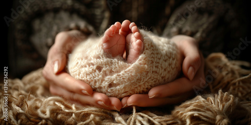 Mothers hands with baby feet. Generated AI