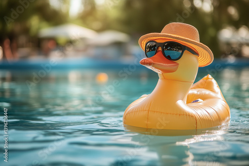 Inflatable Duck Relaxing in Pool. Inflatable duck with sunglasses and hat in pool. Perfect for summer vacation designs and leisure activities.