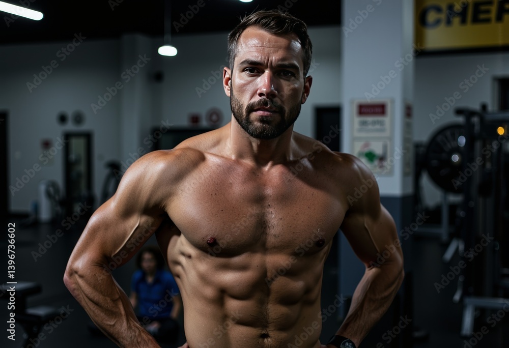 Muscular man posing confidently in a gym environment Muscular man posing confidently in a gym environment