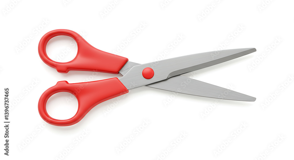 A pair of red handled scissors rests on a white background, slightly opened A pair of red handled scissors rests on a white background, slightly opened