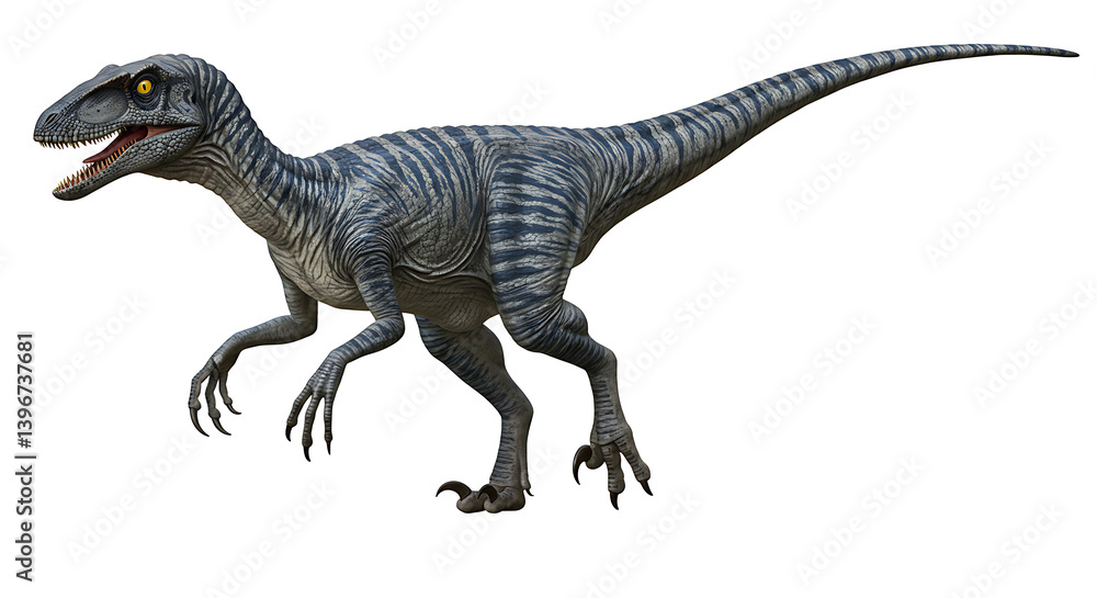 Naklejka premium Striking velociraptor with realistic scales and sharp claws on white background