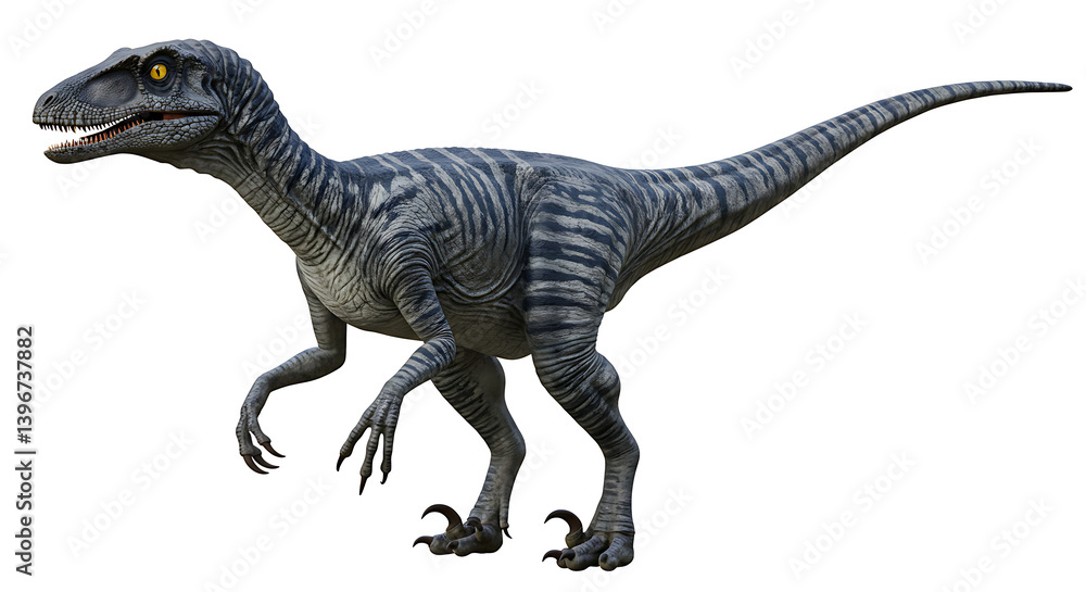 Digitally rendered illustration of a standing striped raptor with yellow eyes Digitally rendered illustration of a standing striped raptor with yellow eyes