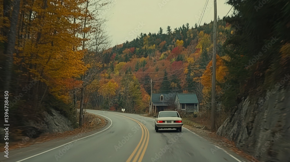 Obraz premium Grey Car on Winding Autumn Road Through Colorful Foliage