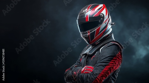A confident race car driver in a striking helmet and suit stands with arms crossed against a dark backdrop, exuding power and determination in the world of motorsport.