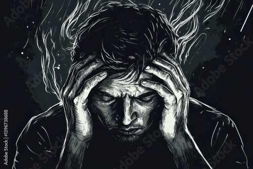 Sleepless, man suffering from insomnia, sleep apnea or stress. Tired and exhausted guy. Headache or migraine. Awake in the night. Frustrated person with problem