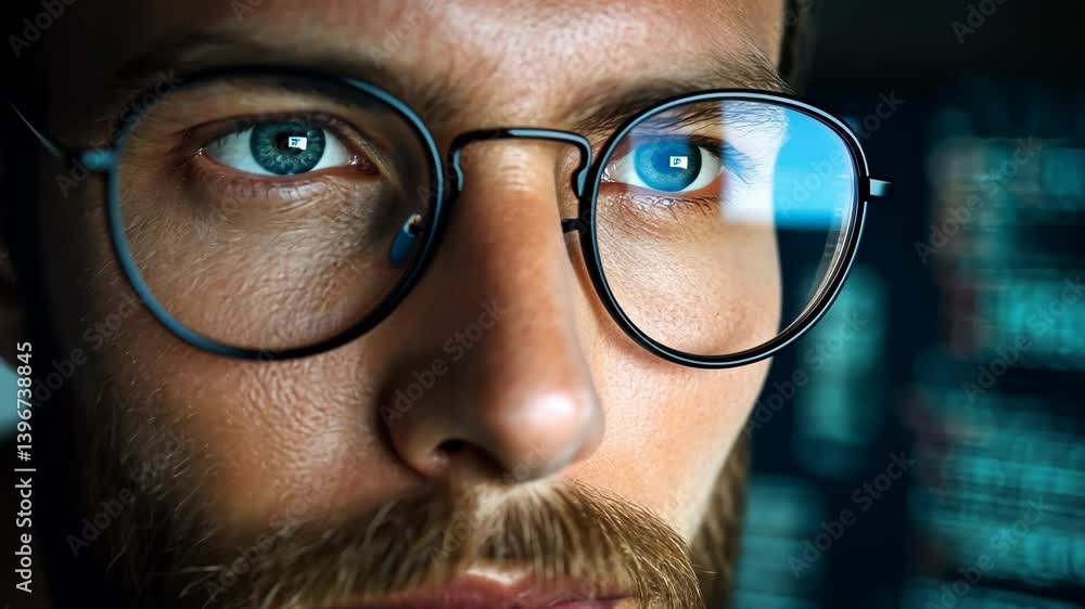 Close-up of a male face with glasses and blue eyes reflecting a computer screen, creating a sense of focus and technology Close-up of a male face with glasses and blue eyes reflecting a computer screen, creating a sense of focus and technology