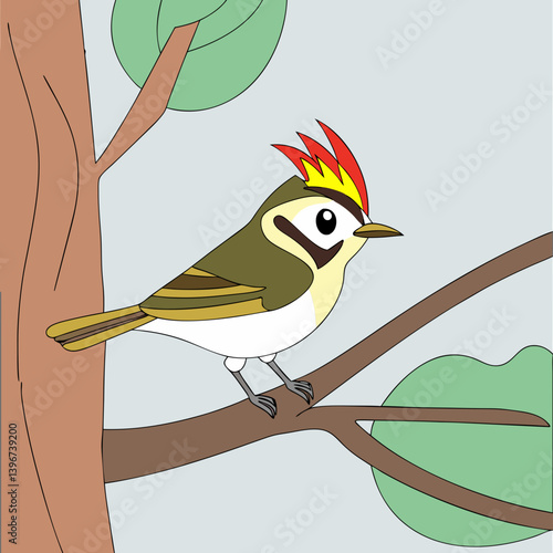 The Common Fire crest is a tiny European bird with olive-green plumage, a distinctive black-and-white face pattern, and a fiery orange crest in males. 