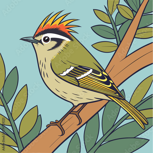 The Common Fire crest is a tiny European bird with olive-green plumage, a distinctive black-and-white face pattern, and a fiery orange crest in males. 