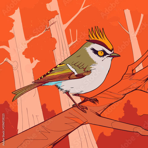 The Common Fire crest is a tiny European bird with olive-green plumage, a distinctive black-and-white face pattern, and a fiery orange crest in males. 