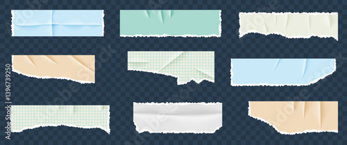 Torn paper pieces from a notebook with wrinkles and rips. Vector set of blue, green, beige, white, and grid note sheets. Useful for scrapbooking, design, and creative projects.