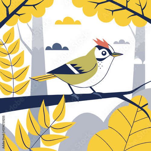 The Common Fire crest is a tiny European bird with olive-green plumage, a distinctive black-and-white face pattern, and a fiery orange crest in males. 