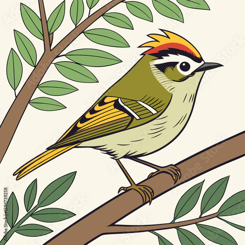 The Common Fire crest is a tiny European bird with olive-green plumage, a distinctive black-and-white face pattern, and a fiery orange crest in males. 