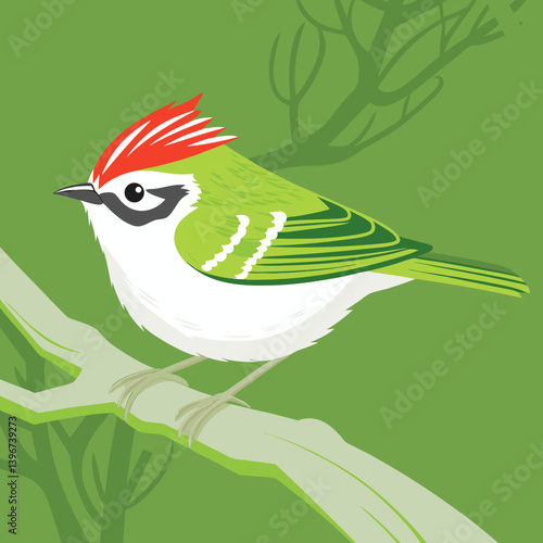 The Common Fire crest is a tiny European bird with olive-green plumage, a distinctive black-and-white face pattern, and a fiery orange crest in males. 