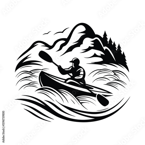 Kayaker Paddling Black Silhouette Mountain, Waves, Trees, Wildlife, Outdoors