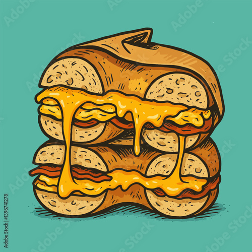 Bagel Sandwich Stack with Dripping Cheese Delicious Food Illustration