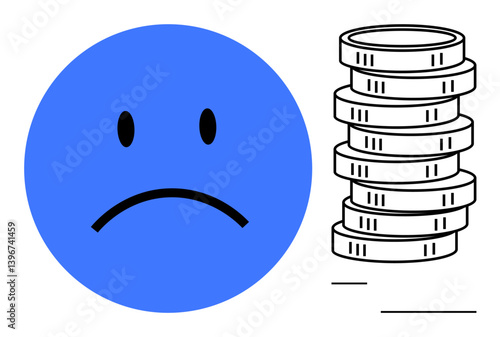 Blue sad face next to stacked coins conveying financial difficulties, income loss, poverty, savings depletion. Ideal for finance, economy, hardship, budgeting, mental health debt flat simple