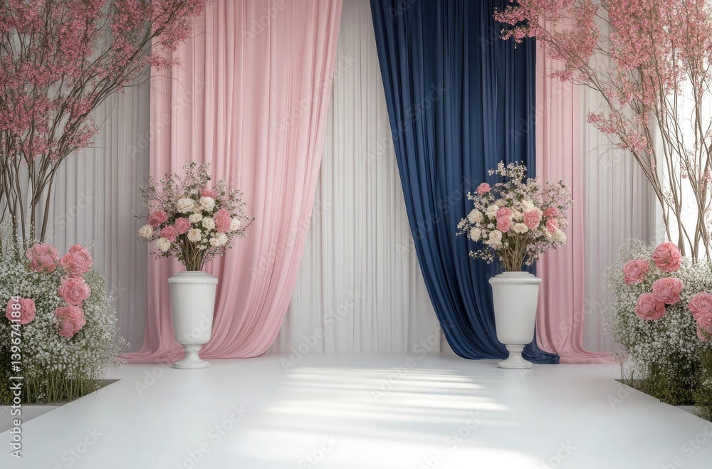 A beautiful pink and navy ceremony backdrop adorned with floral arrangements. A beautiful pink and navy ceremony backdrop adorned with floral arrangements.