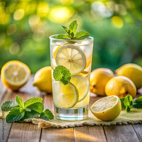 Fresh cold lemonade and a mojito cocktail with lime and mint are refreshing summer drinks in glasses