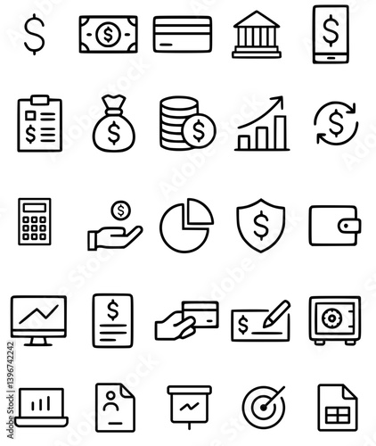 business and finance icon set vector illustration bank industry outline black