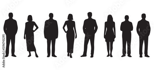 Black silhouettes of business people including men and a woman form a vector illustration of a standing team