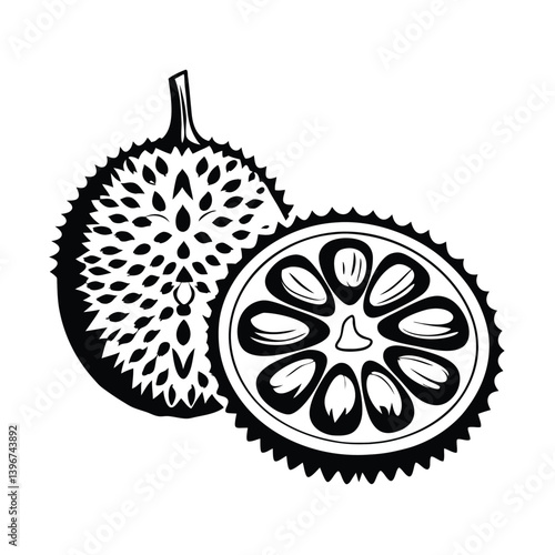 Outlined Durian With Half Slice, Spiky Exterior, Edible Seeds, Monochrome Still Life