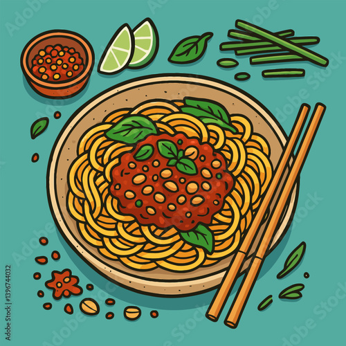 Serving of Noodles with Red Sauce and Herbs Cartoon Style