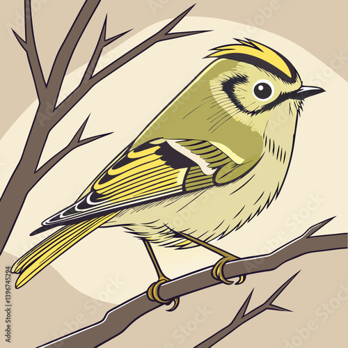​The goldcrest is Europe's smallest bird, measuring about 9 cm in length, with olive-green upperparts, buff-white underparts, and a distinctive head crest—orange with a yellow center in males, entirel