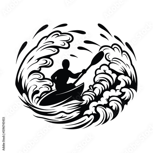 Silhouette Kayaker Paddling Through Stylized Waves Black and White Design