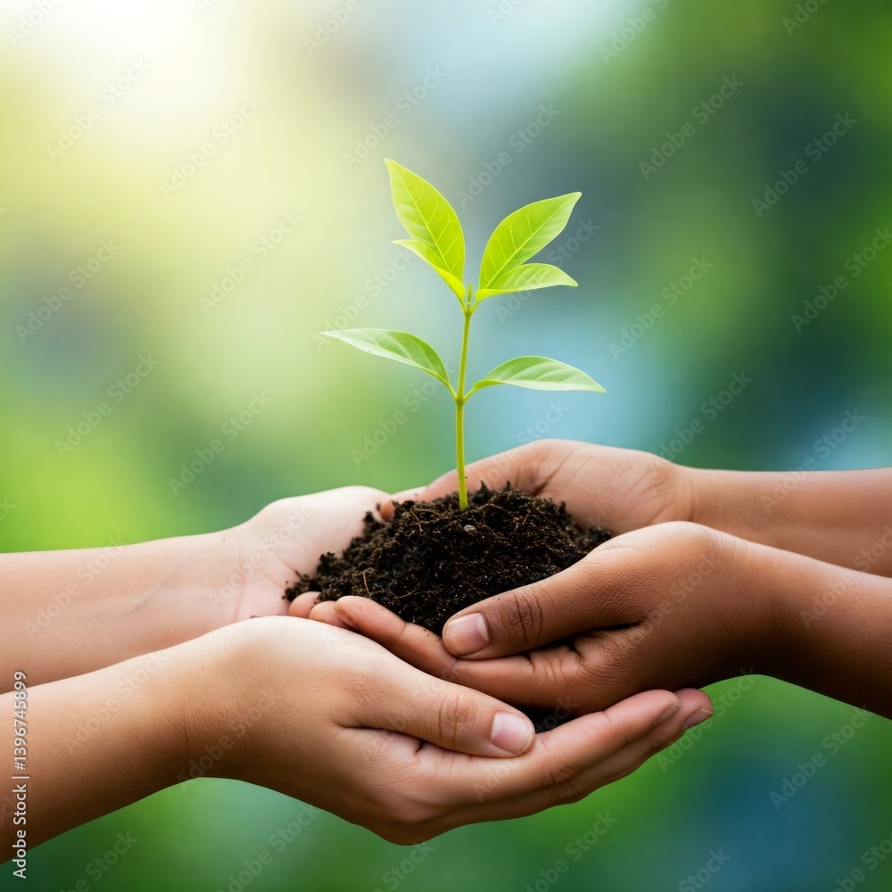 Two Hands Holding and Caring a Small Plant Growing on Fertile Soil Two Hands Holding and Caring a Small Plant Growing on Fertile Soil