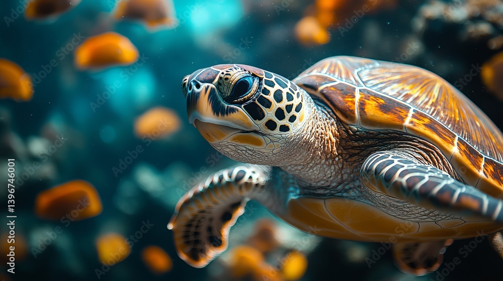Fototapeta premium Sea turtle swimming underwater in ocean aquarium wildlife marine life turtle conservation animal portrait