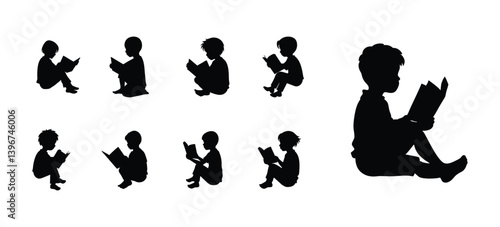 Kids reading book black silhouette vector design.