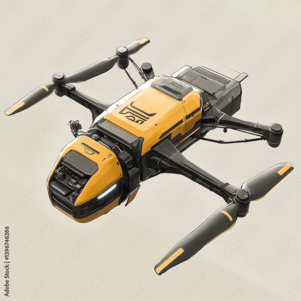 Futuristic Drone with Yellow and Black Design in Mid-Flight Futuristic Drone with Yellow and Black Design in Mid-Flight