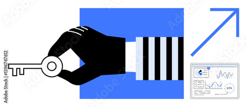 Hand grasping key, upward arrow, data chart representing opportunities, strategy, innovation, and success. Ideal for business, analytics planning vision strategy achievements growth. Flat simple