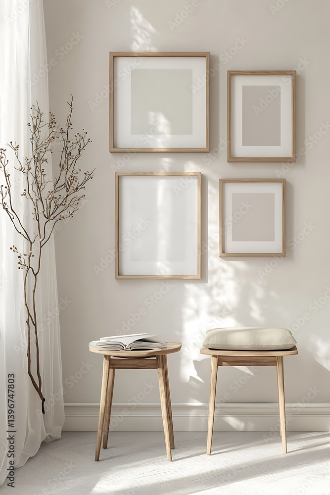 Gallery wall mockup with a variety frames in a clean minimalist room Gallery wall mockup with a variety frames in a clean minimalist room