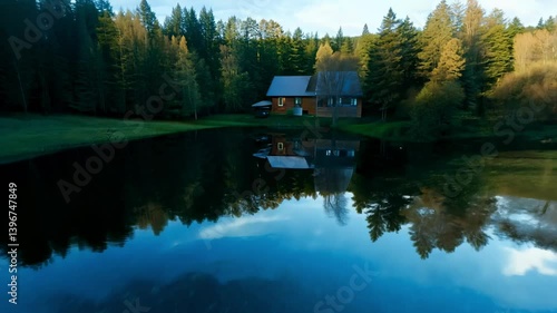 Tranquil lake scene with a cabin surrounded by forest and reflected in calm waters.