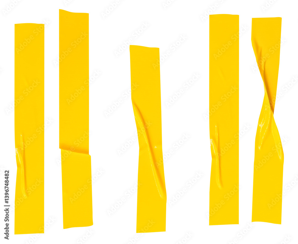 Top view set of wrinkled or crumpled yellow adhesive vinyl tape or cloth tape in stripes shape isolated on white background with clipping path Top view set of wrinkled or crumpled yellow adhesive vinyl tape or cloth tape in stripes shape isolated on white background with clipping path